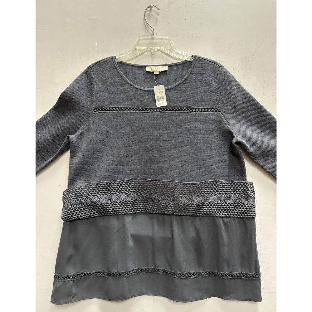 Ann Taylor women size large gray cotton  sweater with embellished trim   new